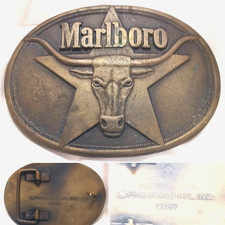 VINTAGE 1987 MARLBORO BELT BUCKLE SOLID BRASS PHILIP MORRIS LONGHORN STEER STAR