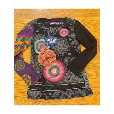 Desigual Kids Boho Long Sleeve Graphic Tee Black Paisley Applique Sequin 7/8