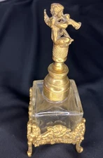 Vintage Gold Ormulu Germany Filigree Perfume Bottle Cherub wHorn Dauber G3D