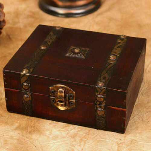 Dekoracyjne pudełko do przechowywania biżuterii Vintage Drewniana skrzynia Etui na skarby Uchwyt - Zdjęcie 1 z 6