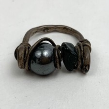 Hematite Bead Black Stone Chip Wire Wrapped Ring Size 7 Boho Mystical Hammered