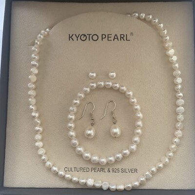 Kyoto White Freshwater Pearl Necklace, Bracelet, 2x Earring Set w