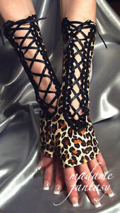 LONG LEOPARD PRINT BLACK SPANDEX LACE UP FINGERLESS GLOVES ARM WARMERS 