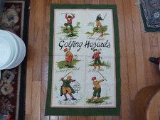 VINTAGE Linen Tea Towel Humor Golf Hazards 822183 Vista Cotton Britain 30.5"x19"