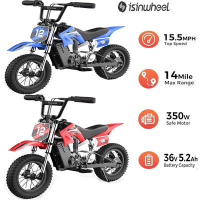 A12 Kids Electric Dirt Bike 350W Electric Motorcycle Up to 15.5MPH 3-Speed Modes