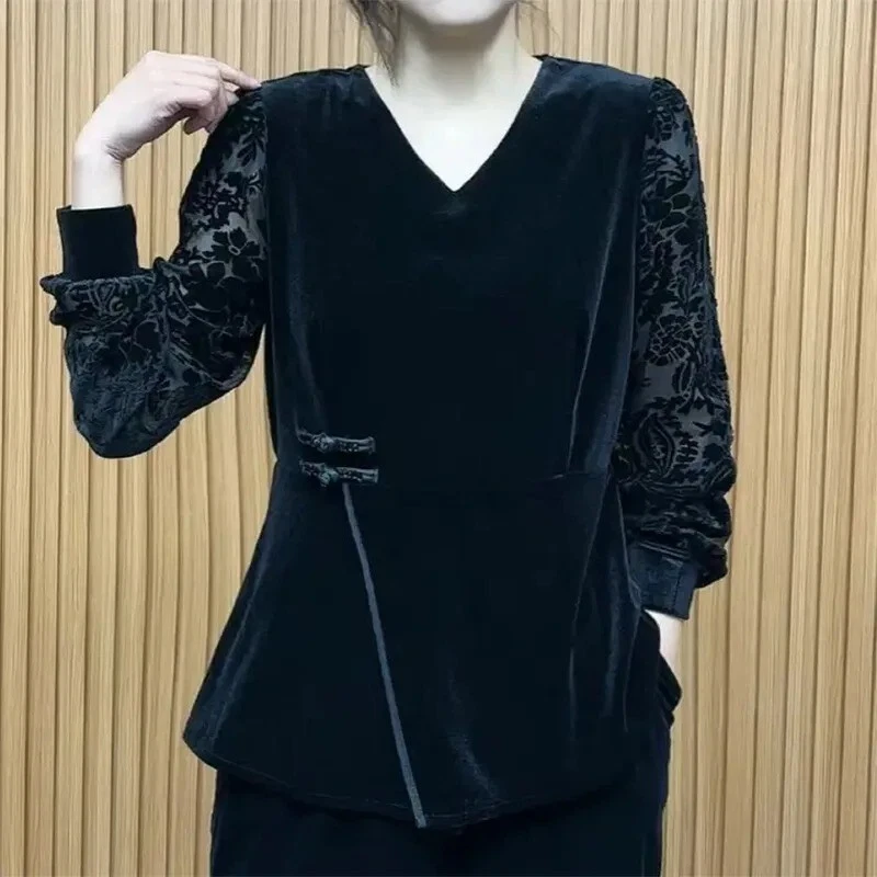 Women Velvet Velour Shirt Mesh Sleeve Tops Pullover V-neck
