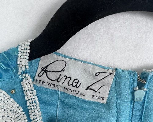 Vintage Rina Z Beaded Sequin Sz M Zip Back Top 100% Silk Aqua White Navy NWT - Picture 5 of 11