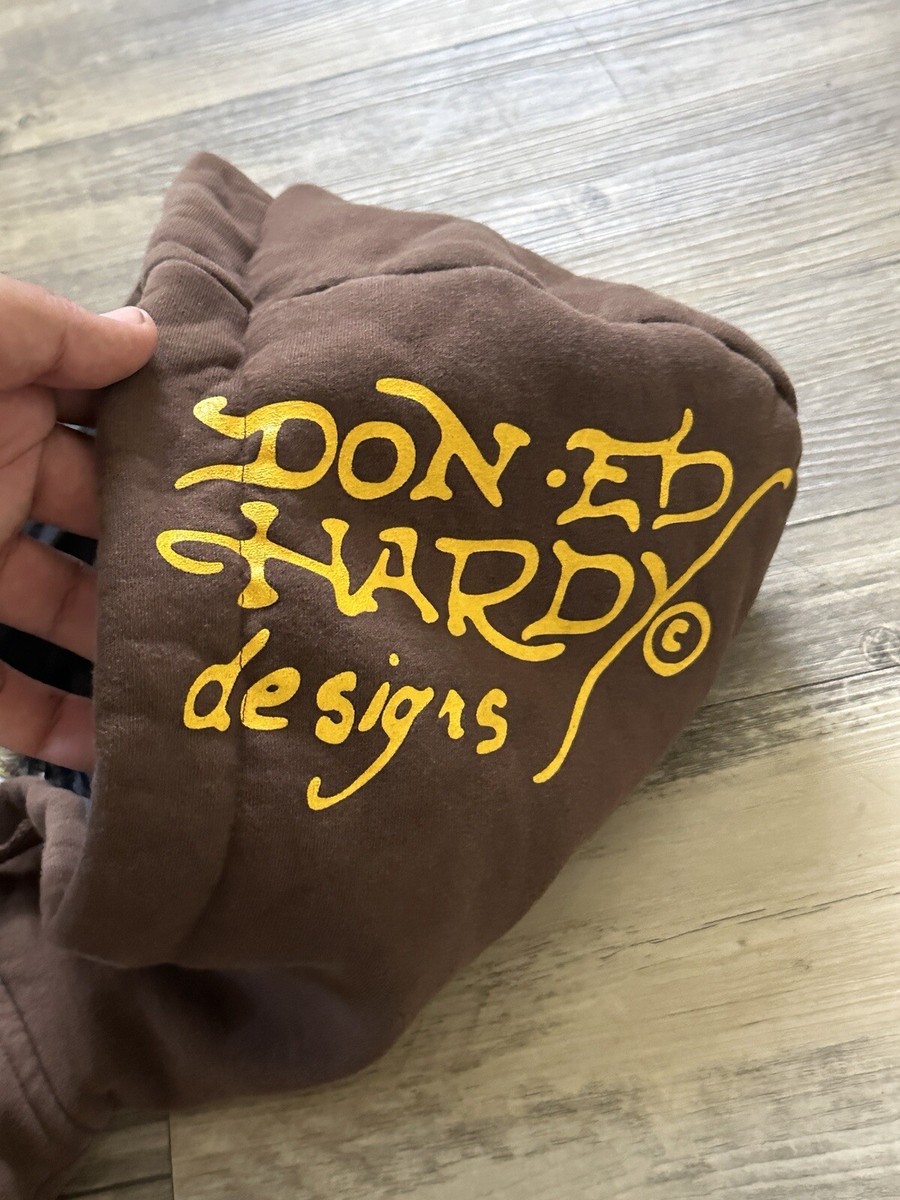 Vintage Y2K Don Ed Hardy Love Kills Slowy Brown Hoodie Sz S