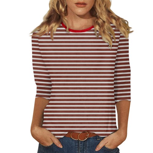 Women's`Fashion Casual Three Quarter Sleeve T-Shirt Line Printing O-Neck Tops-A - Picture 38 of 45