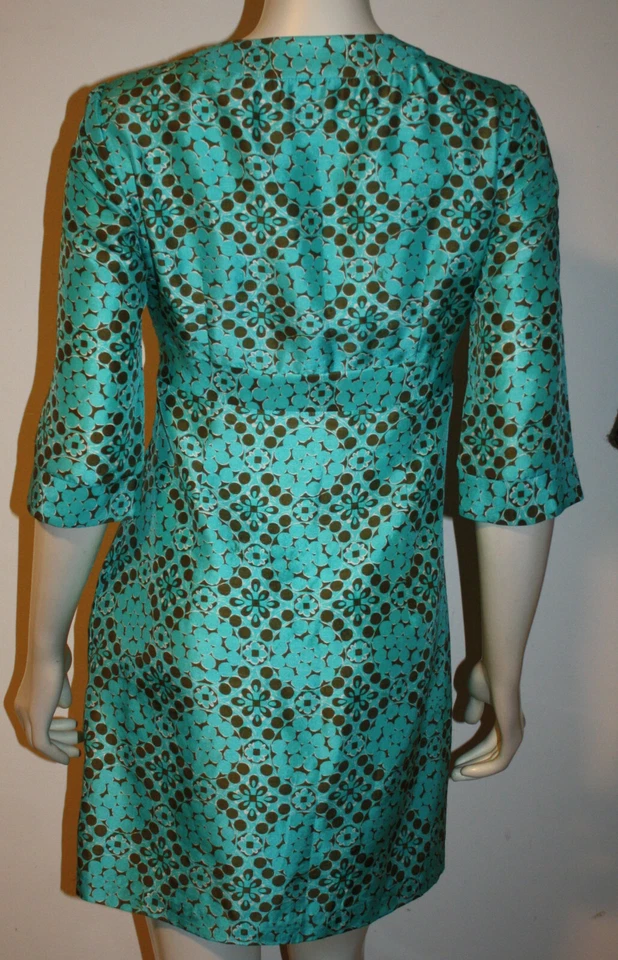 Vestido túnica Milly NY azul turquesa marrom seda top 4 bolinhas geométrico 3/4 Sle - Imagem 3 de 4