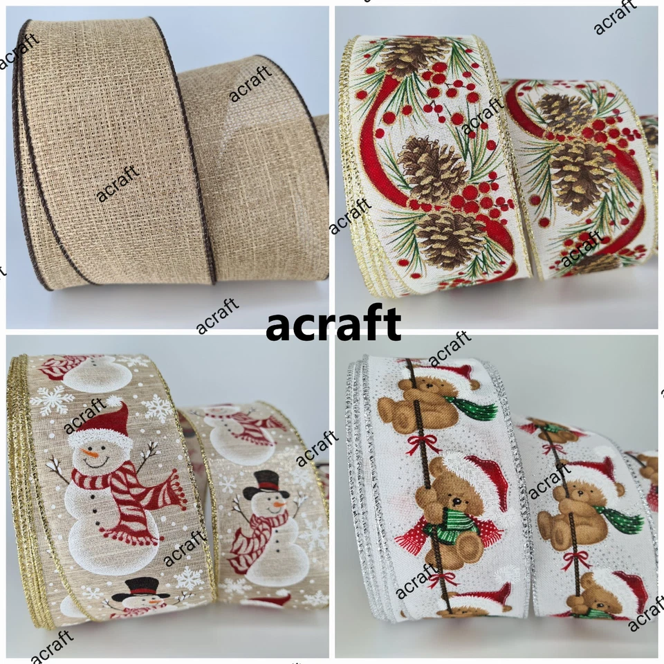1.5 inch Christmas Ribbons Wired Edge Craft Gift Wrapping Hessian Wreaths UKpost - Image 3 of 4