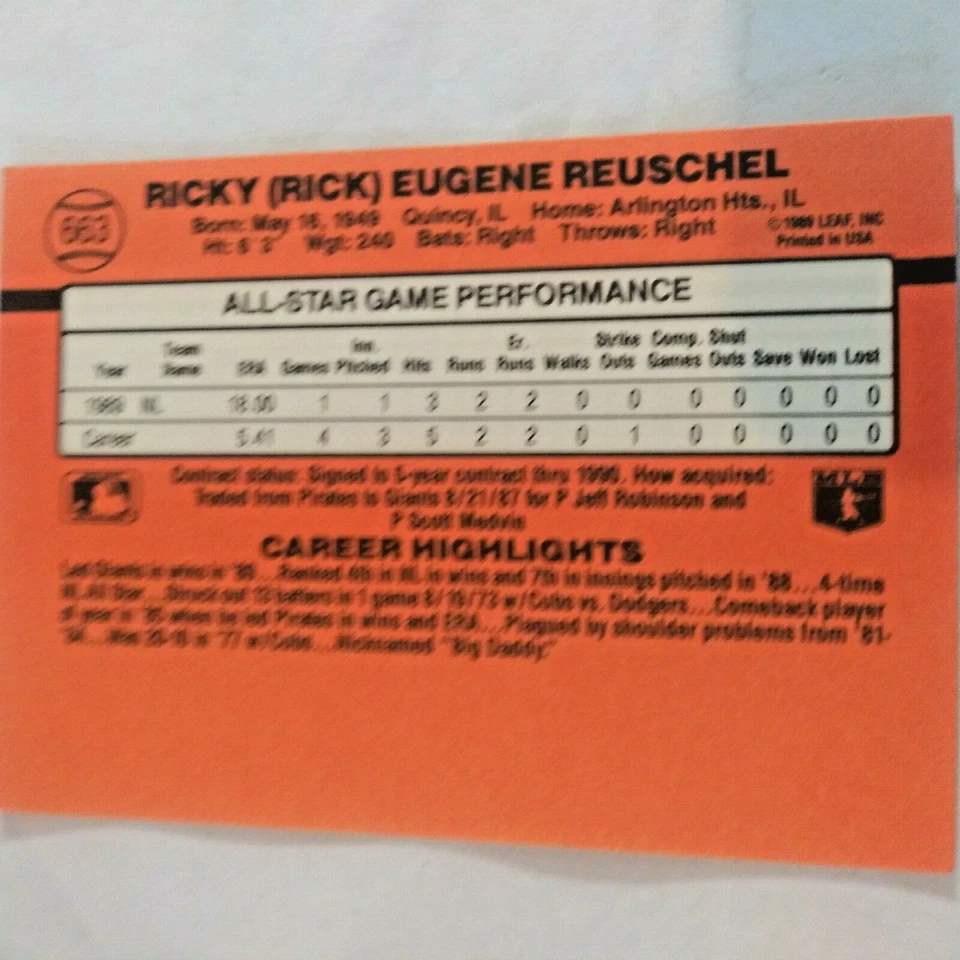 1990 Donruss Ricky Reuschel All-Star error card No dot after INC. - Image 3 of 4