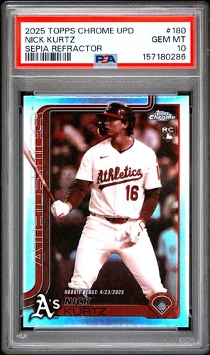 157180286 Nick Kurtz 2025 Topps Chrome Update #USC180 Sepia Refractor RC PSA 10