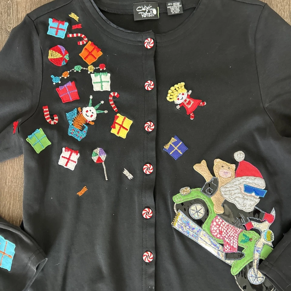 Christina Rotelli Adornado Suéter Cárdigan Navidad Vacaciones Santa S COMO NUEVO Foto 3 de 4