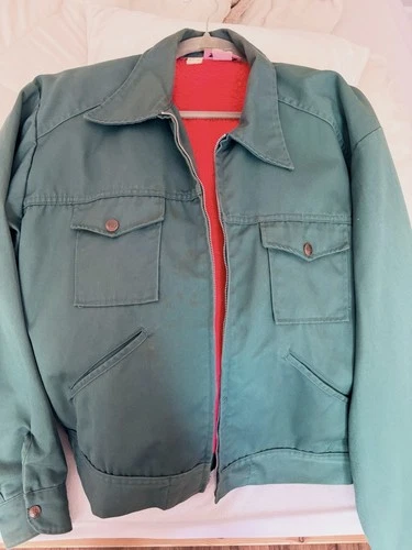 EXCELLENT Vtg Dickies Mechanics Work Jacket Faded Green, Red cotton Lined - product listing photo