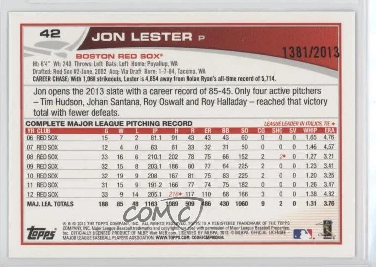 2013 Topps Opening Day Blue /2013 Jon Lester #42 - Image 2 of 2