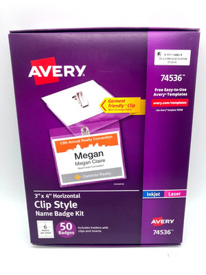 50 Avery Name Badge Labels, 3'' x 4'', Paper, White, Clip Style, Holders, Laser