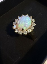 Vintage 14k Gold (585) Oval Opal & CZ Halo Cocktail Ring - Size S