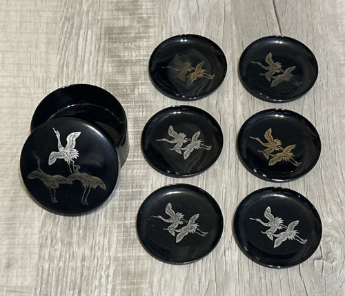 Vintage Japan Airline Set Of 6 Melamine Coasters with Storage Box Black Gold