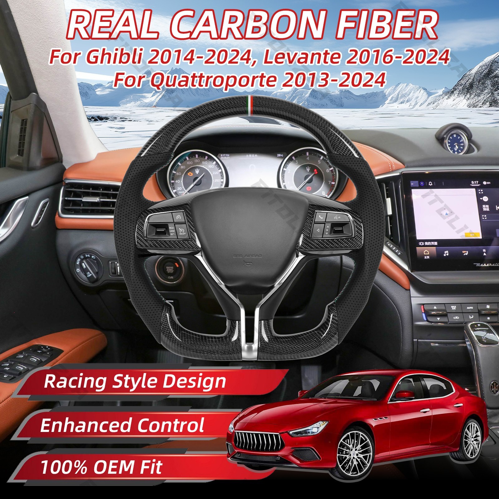 Real Carbon Flat Bottom Steering Wheel + Trims For Maserati Ghibli Levante 14-26