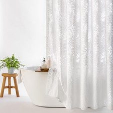 72x84 Inch Extra Long White Lace Tufted Tropical Plant Fabric Shower Curtain