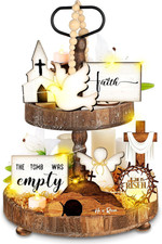 8 Pcs Easter Tiered Tray Decor Set Religious Christian Easter Wooden Table Decor