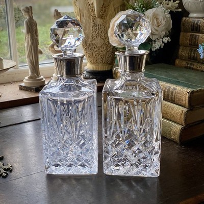 Sterling Silber gekrönt Whisky Dekanter Bleikristall Glas gepunzt schwer