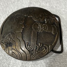 Vintage Round Brass Belt Buckle Aquarius Zodiac Sign 1970  s
