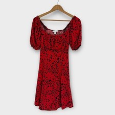 Topshop Women’s Size 4 Small Red Black Leopard Print Puff Sleeve Mini Dress