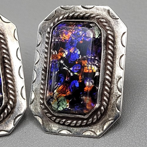 Vintage Earrings Mexico Sterling Silver Foiled Art Glass Rectangle - Picture 2 of 9