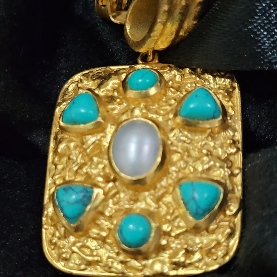 PENDIENTES COLGANTES VALERE SUPREME ENCHAPADOS EN ORO 24k turquesa genuina y perla REGALABLES Foto 3 de 4