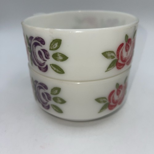 Milk Glass Stackable Soup Bowls With Purple & Red Flower’s Set Of 2 Vintage - Picture 7 of 11