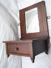 Antique Marquetry Shaving Mirror stand Americana tramp art Wood Dresser 