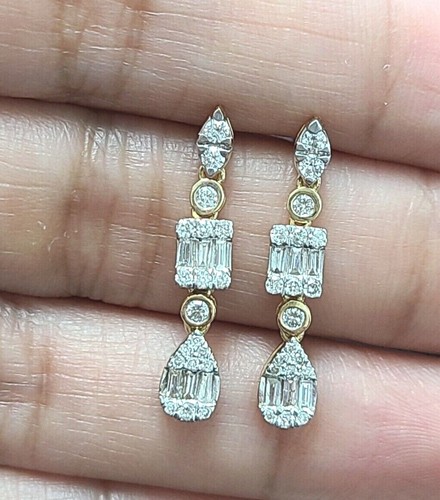 Deal! 0.80CTW Genuine Baguettes Diamonds Drop Dangling Earrings in 14K Gold 25mm - Picture 4 of 12