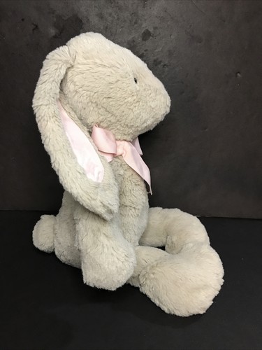 PBK Pottery Barn Kids Plush Tan Gray Bunny Rabbit Pink Ears Nose Ribbon Bow 16” - Picture 2 of 6