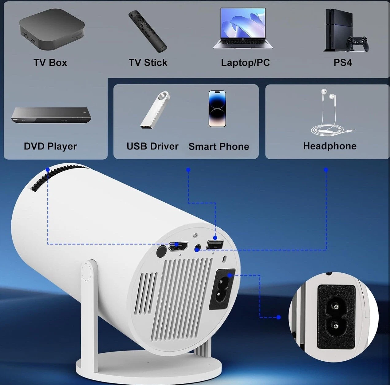 Mini Projector with WIFI 6 and Bluetooth, 4K 1080P Support Portable white  - Picture 7 of 10