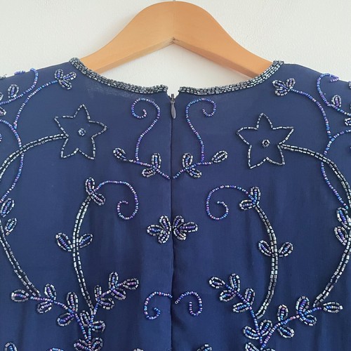 vintage beaded silk top navy blue embellished boho silk blouse sparkle party - Picture 7 of 9