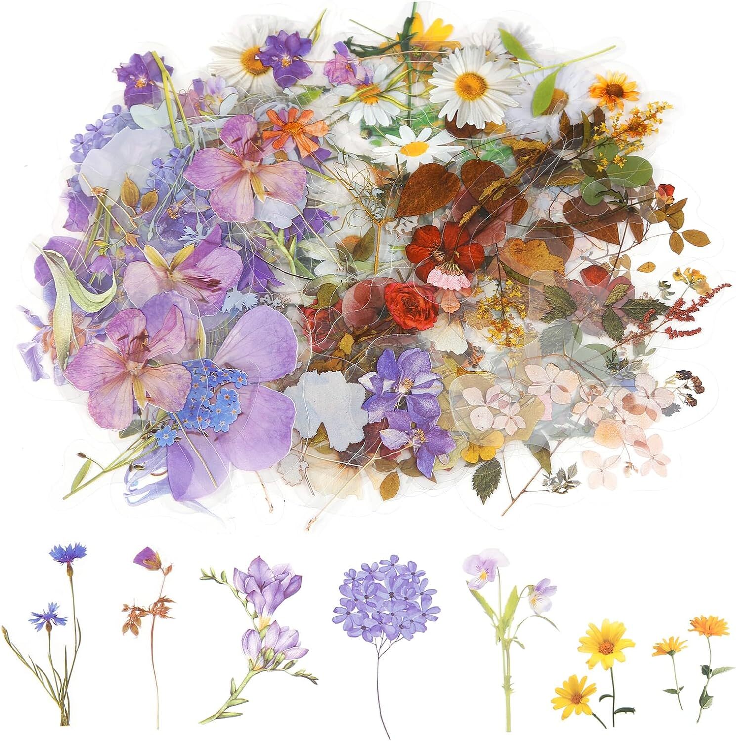 120Pcs Transparent Flower Stickers for Scrapbooking PET Nature Plant 120pcs