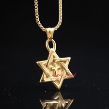 Gold Mens Judaica 6 Point Star Of David Cross Pendant Necklace Stainless Steel