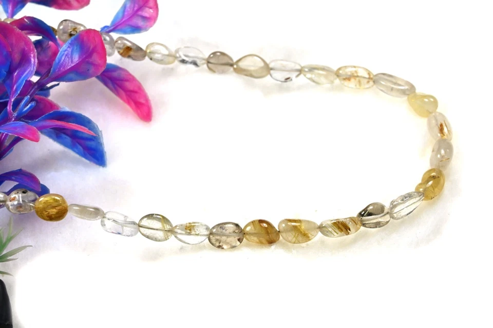 A++ Collares de cuarzo rutilo natural lisos ovalados con cuentas de piedras preciosas para hombres y mujeres 18"" Foto 3 de 4
