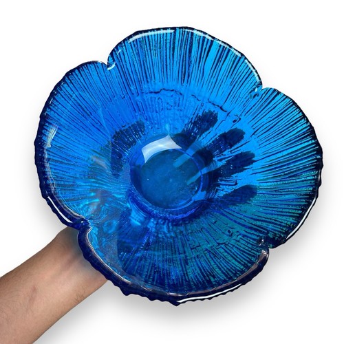 Vintage Blenko Glass Bowl Blue Flower Petal Dish MCM Textured 9” RARE - Picture 8 of 11