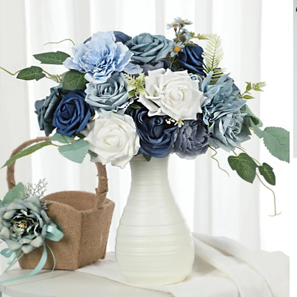 Dusty Blue and White Silk Rose Bouquet for Weddings and Events Decor - Image 3 of 4