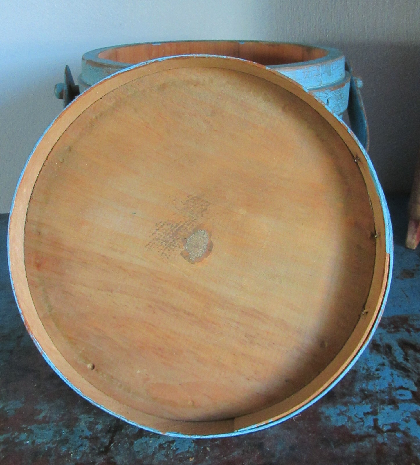 7 3/8" Old Firkin/Sugar Bucket/Wooden Blue PaintPantry BoxSpice Box