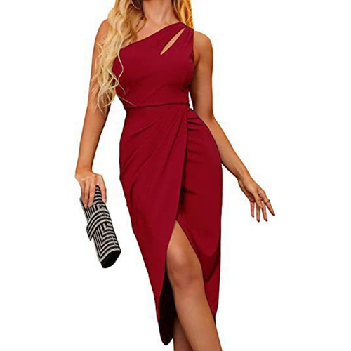 Women's Body-con Dress One Shoulder Sleeveless Cutout High Waist Wrap Slit Dress - Picture 4 of 35