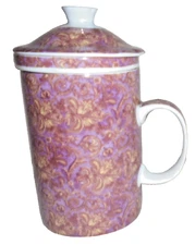 World Market 3 Piece Tea Cup with Infuser & Lid ceramic Red Gold Floral