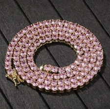 17CT Round Cut Lab Created Pink Sapphire Tennis Necklace 14K Yellow Gold Finish