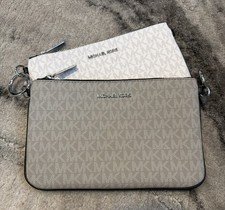2 Michael Kors Grey White Leather Zip Pouch Wristlet 9 X 6