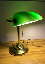 Vintage Brass Bankers desk Lamp W/Emerald Green Glass Shade