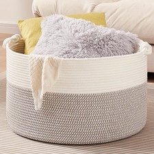 Large Blanket Storage Basket for Living Room, 22.8" x 22.8" x 13" Woven Cotto...
