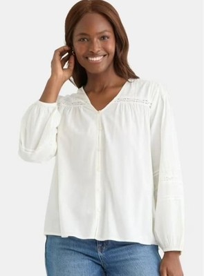 NEW NWT White Sz XS (0-2) Casual or Dress Lace Inset Roomy Blouse TIME & TRU